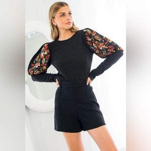 THML Embroidered Rib Knit Long Puff Sleeve Top